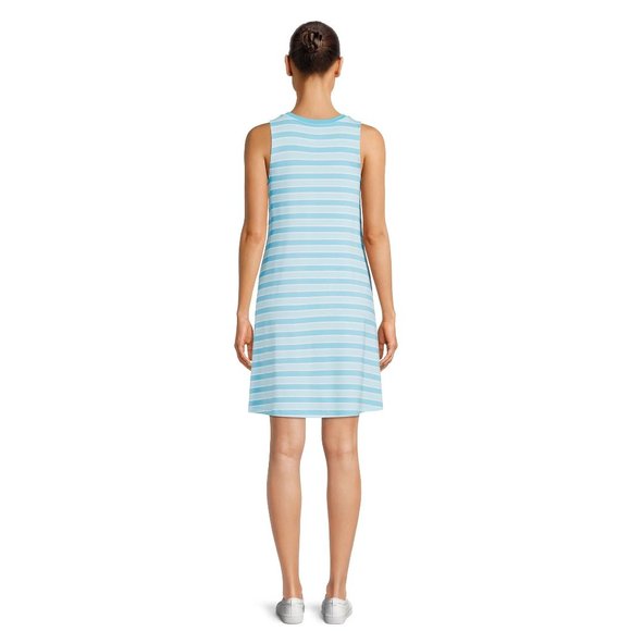 Time and Tru Women Striped Mini Dress Round Neck W/Pockets Aqua Spring Sz Small - Picture 2 of 11
